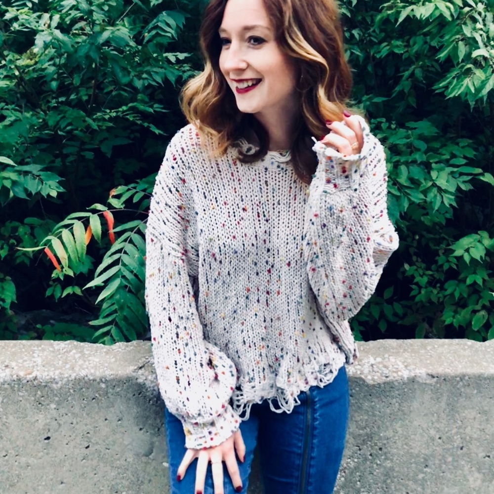 ONE LEFT!! Distressed Polka Dot Sweater - Picture 2 of 8